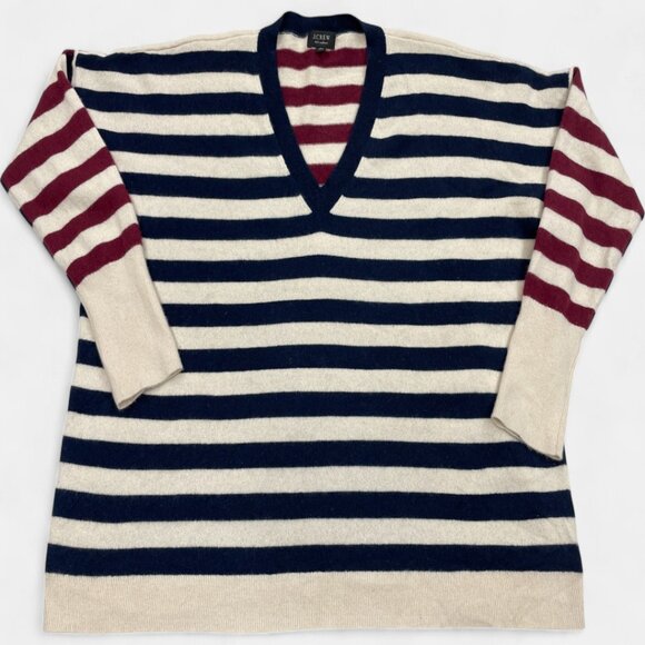 J. Crew Women's Striped Red Blue Ivory Cashmere V-Neck Long Sleeve Sweater XL - Picture 1 of 7